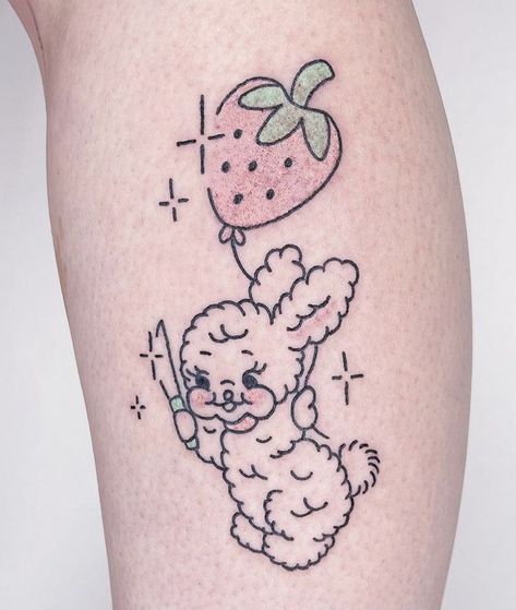 K-12 Tattoo Ideas, Strawberry Bunny Tattoo, Kawaii Tattoo Black, Morute Tattoos, Rushton Tattoo, Kitsch Tattoo, Melanie Martinez Tattoo Ideas, Melanie Martinez Tattoo, Strawberry Tattoo