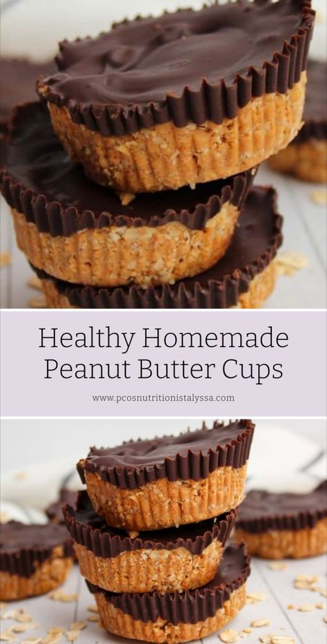 These no bake peanut butter chocolate cups are so easy to make and are the perfect PCOS friendly dessert recipe! Using everyone's favorite chocolate peanut butter combo and blended oats, you can create the most delicious Reese's cup alternative, too. Healthy Homemade Peanut Butter, Healthy Peanut Butter Cups, Peanut Butter Cups Recipe, Homemade Peanut Butter Cups, Peanut Butter Oats, Homemade Candy, Chocolate Oats, Chocolate Peanut Butter Cups, Chocolate Oatmeal