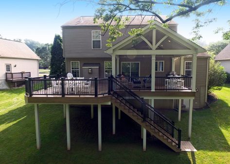 2nd story deck with stairs Upstairs Deck Ideas, Elevated Deck Ideas, 2nd Story Deck, Elevated Deck, Second Story Deck, Screened Porch Designs, Patio Deck Designs, Deck Designs Backyard, Deck Stairs