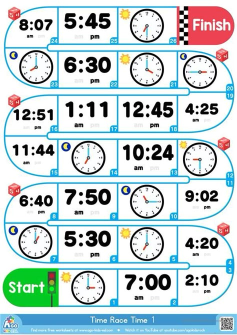 Telling The Time Activities, Esl Board Games, Clock Worksheets, Telling Time Worksheets, Esl Games, Time Worksheets, English Games, Teaching Time, Time Games