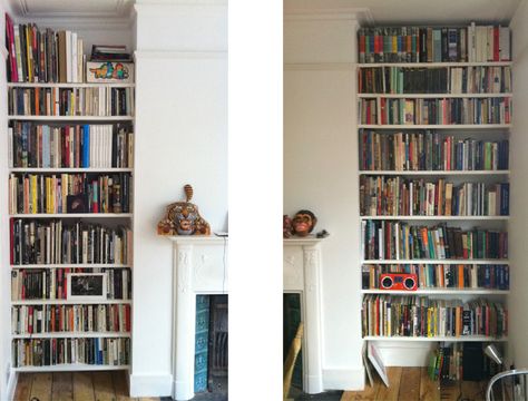 alcove shelving - floorlength Shelves With Tv, Ceiling Alcove, Floor To Ceiling Bookshelf, Ceiling Bookshelf, Book Shelving, Alcove Shelves, Alcove Shelving, Floor To Ceiling Bookshelves, Living Room Shelves