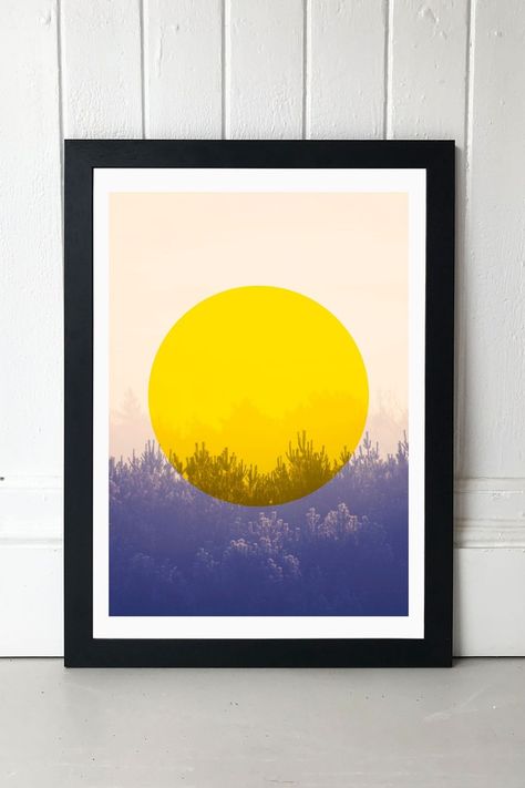 Wake up to this sunny morning print by Rafael Farias. Published by East End Prints. Deliveries to UK mainland only.  50% Paper, 50% Wood. East End Prints, Yellow Purple, Ultra Violet, Black Frame, Wake Up, Framed Prints, Tapestry, Graphic Design, Sun