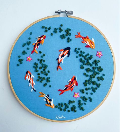 Embroidery Designs Koi Fish, Koi Fish Pond Embroidery, How To Embroider Koi Fish, Coy Fish Embroidery, Embroidery Coy Fish, Koi Embroidery Patterns, Embroidered Koi Fish, Lily Pad Embroidery, Lilypad Embroidery