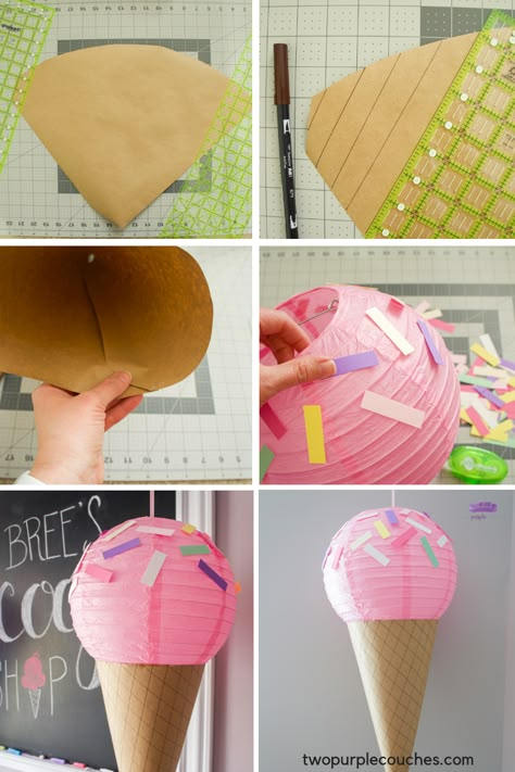 Learn how to make these DIY paper lantern ice cream cones with this simple tutorial. #icecreamparty #babyshower #babyshowerdecorations #sundaebarparty #icecreambabyshower #diyparty #diypartyideas #paperlanterndecor #paperlanterndecorations #sprinkles Diy Sprinkles Decorations, Ice Cream Cone Decorations Diy, Ice Cream Party Diy Decorations, Ice Cream Diy Decorations, Ice Cream Birthday Party Theme Decorations, Giant Fake Candy Decorations Diy, Ice Cream Diy Crafts, Ice Cream Party Centerpiece Ideas, Ice Cream Party Decorations Diy