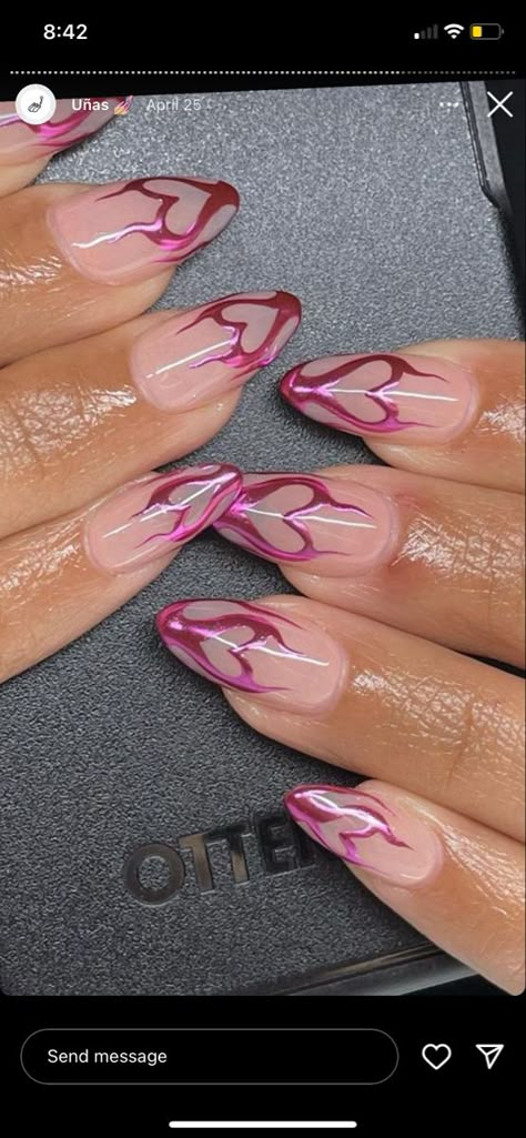 Pink Heart Flame Nails, Almond Nails Designs Funky, Pink Nails Flames, Fire Valentines Nails, Pink Nails With Flames, Valentines Flame Nails, Pink Fire Nails Designs, Red Chrome Flame Nails, Heart Fire Nails