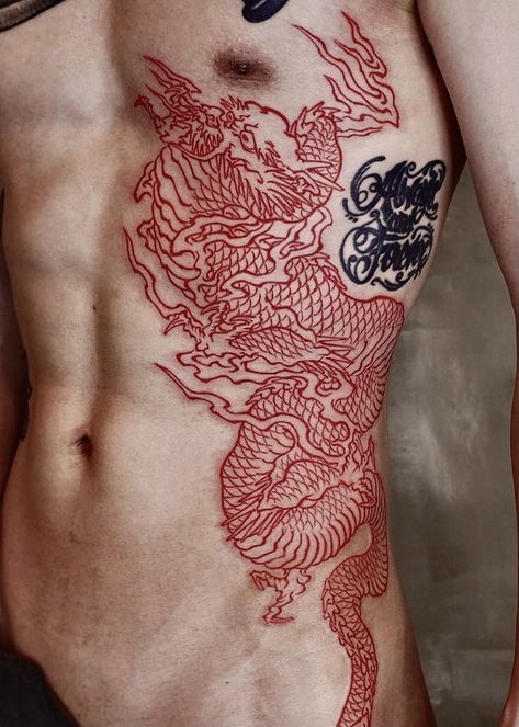 Red Dragon Tattoo Men, Red Tattoos Men, Hip Tattoo Men, Back Cover Up Tattoos, Red Ink Tattoos Men, Red Tattoo Men, Dragon Tattoo Meaning, Guerriero Samurai, Red Dragon Tattoo