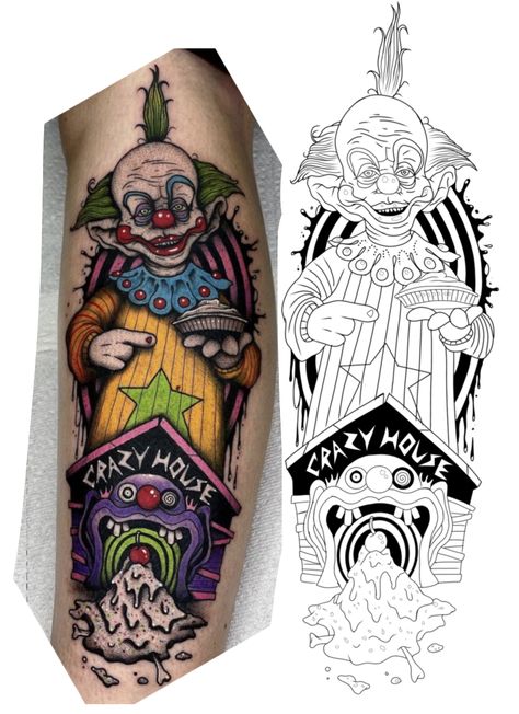 Simple Clown Tattoo Outline, Killer Klowns Tattoos, Killer Klowns From Outer Space Tattoos, Killer Clown Tattoo, Art The Clown Tattoo, Horror Tattoo Stencil, Clown Tattoo Design, Black Casket, Horror Tattoo Designs