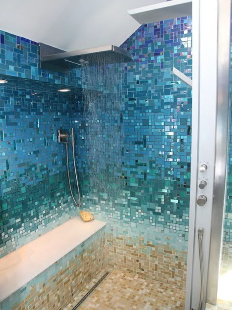 Hawaii Bathroom, Glass Mosaic Tiles Bathroom, Sea Glass Tile, Teal Shower, Glass Tile Bathroom, Mosaic Bathroom Tile, Beach House Bathroom, Tropical Bathroom, Mosaic Bathroom