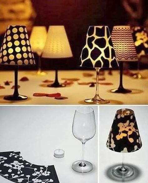 Inexpensive wine glasses ---> fancy candle lamps, just topped with vellum shade. (y) Template and video dirctions---> http://wonderfuldiy.com/wonderful-diy-fancy-wine-glass-candle-lampshades/ Wine Glass Candle Lamps, Candle Lamp Diy, Wine Glass Lamp, Diy Table Lamp, Wine Glass Decor, Wine Glass Candle, Candle Projects, Candle Lamps, Decorated Wine Glasses