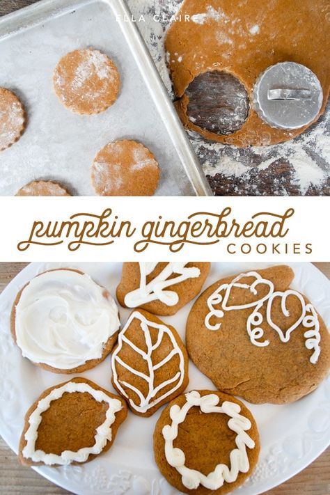 Spiced pumpkin gingerbread cookies- a delicious Fall treat- rolled cookie can be cut into any shape and decorated. #holidays #baking #gingersnaps #gingerbread #pumpkinrecipes #Fallbaking Cookies With Pumpkin, Gingerbread Pumpkin, Pumpkin Cookies Decorated, Pumpkin Gingerbread, Halloween Cookie Recipes, Gingerbread Cookies Decorated, Cut Out Cookie Recipe, Soft Gingerbread Cookies, Cookies Gingerbread