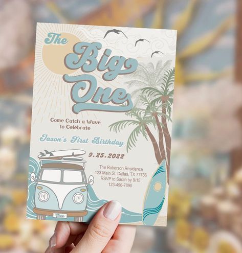 Beach Party Invite, Surf Birthday Party, Summer Birthday Invitations, Surf Birthday, Surf Van, 1st Birthday Party Invitations, The Big One, Summer Birthday, Second Birthday