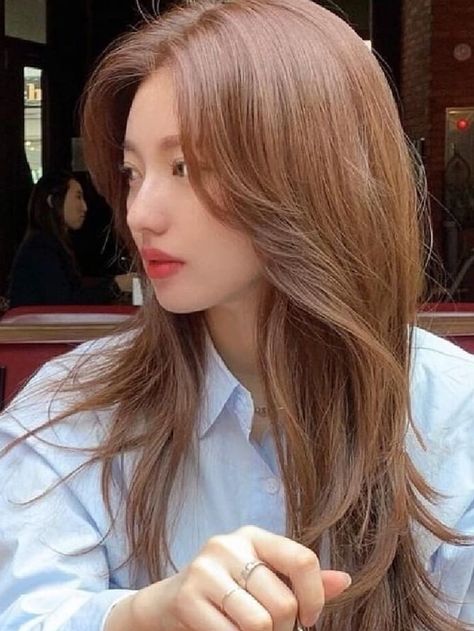 Korean Hair Color Trend 2023, Asian Hair Color Ideas Korean, Korean Hair Colour, Korean Hair Color Ideas, Butterscotch Hair Color, Korean Hair Dye, Butterscotch Hair, Brown Hair Korean, Orange Brown Hair