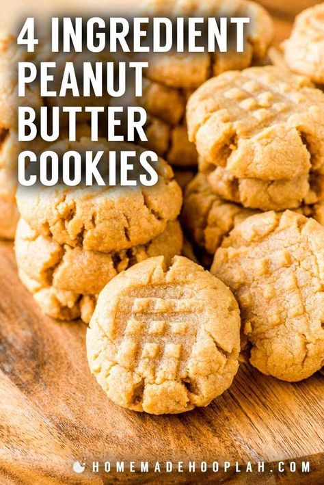 4 Ingredient Peanut Butter Cookies! These flourless peanut butter cookies only take one bowl and are a breeze to whip up. Their ultra-rich flavor makes them perfect for peanut butter lovers! | HomemadeHooplah.com Sugar Free Peanut Butter Cookies, Butter Cookies Easy, Soft Peanut Butter Cookies, Flourless Peanut Butter Cookies, Sugar Free Peanut Butter, Best Peanut Butter Cookies, Easy Peanut Butter Cookies, Chewy Peanut Butter Cookies, Peanut Butter Cookie Recipe