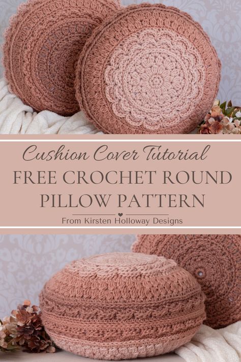 Crocheted lacy round pillows for display and home decor. They're hooked in shades of pink and terracotta, with two sizes pictured 12x12 Crochet Pillow Pattern Free, Crocheted Cushion Covers Free Patterns, Bolster Pillow Crochet, Crochet Support Pillow, Crochet Duvet Cover Pattern, Sew Cute Pillows, Crochet Round Cushion Cover, Crochet Round Pillow Patterns Free, Crochet Round Pillow Pattern