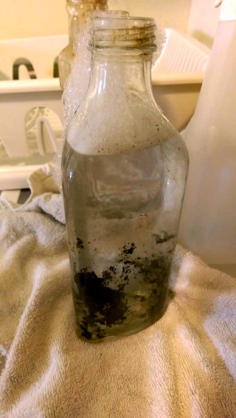 Cleaning Old Glass Bottles, How To Clean Old Glass Bottles, Glass Cleaning Bottles, Antique Milk Jug, Old Milk Bottles, Old Milk Jugs, Grease Remover, Antique Medicine Bottles, Old Medicine Bottles