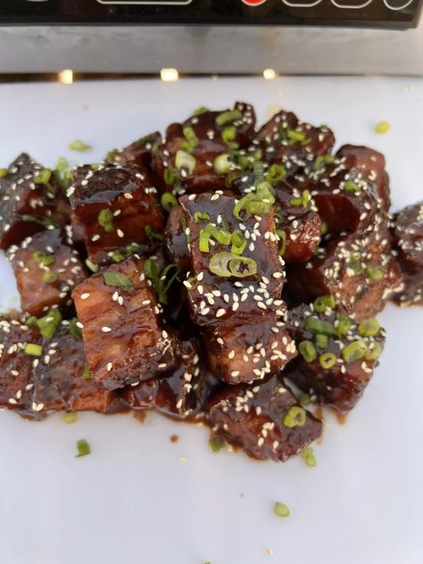 Hoisin Teriyaki Pork Belly Burnt Ends - Miguels Cooking with Fire Pork Belly Bites, Cooking With Fire, Pork Belly Burnt Ends, Teriyaki Pork, Pork Belly Recipes, Burnt Ends, Bbq Rub, Smoker Recipes, Teriyaki Sauce