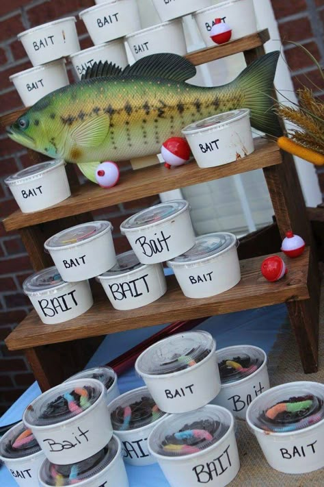 Snacks For Fishing Party, Food Ideas For Fishing Theme Party, Fishing Birthday Party For Men Centerpieces, Fish Themed Retirement Party, Fishing Birthday Favors, Bait Cups Dessert, The Big One Fishing Birthday High Chair Banner, Fish Themed Birthday Party Games, Live Bait Dirt Cups