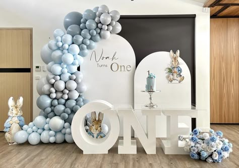 Dusty Blue Balloon Arch, Peter Rabbit Balloon Arch, 1 Year Baby Boy Birthday Decoration, Christening Decorations Boy, Rabbit Themed Birthday Party, Peter Rabbit Balloons, Baby Boy Birthday Decoration, Peter Rabbit First Birthday, Peter Rabbit Theme Party