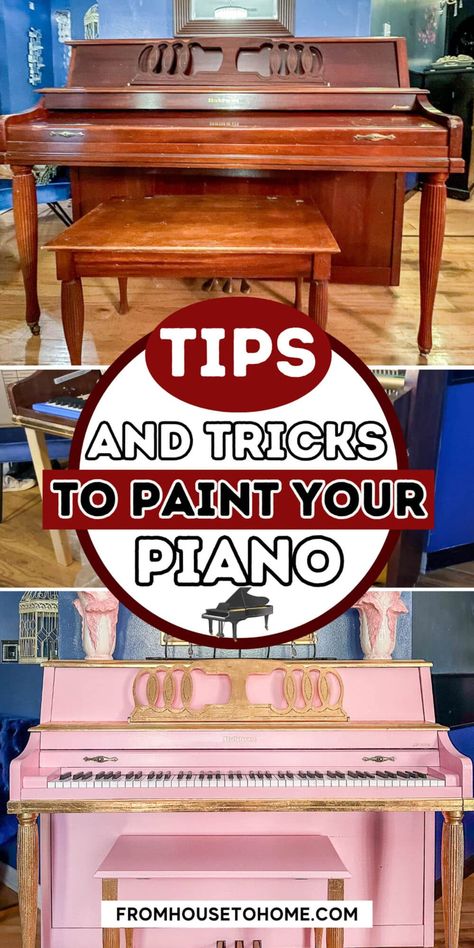 How To Paint And Gold Leaf A Piano | My Living Room Mood Board Refurbished Piano Ideas, Painted Piano Ideas, Piano Painting Ideas, Piano Decorating Ideas, Painting A Piano, Piano Makeover, Diy Piano, Pink Decor Ideas, Diy Glam Decor