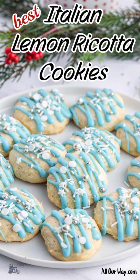 Pinterest image with title overlay for the Italian Lemon Ricotta Cookies recipe. Italian Lemon Ricotta Cookies, Chocolate Cookie Recipes Easy, Ricotta Cookies Recipe, Italian Ricotta Cookies, Lemon Ricotta Cookies, Christmas Cookie Exchange Recipes, Holiday Treats Recipes, Christmas Cookie Recipes Holiday, Cookie Exchange Recipes