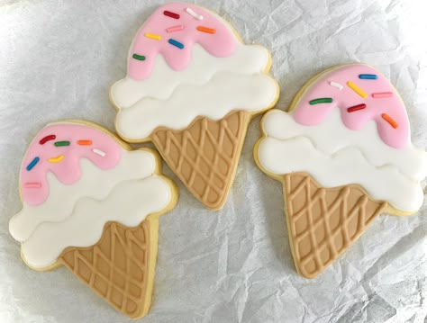 Royal Icing Ice Cream Cone Cookies, Ice Cream Cone Royal Icing Cookies, Decorated Ice Cream Cookies, Ice Cream Shaped Cookies, Ice Cream Royal Icing Cookies, Ice Cream Cone Sugar Cookies, Ice Cream Sugar Cookies Decorated, Ice Cream Cone Cookies Decorated, Ice Cream Party Cookies