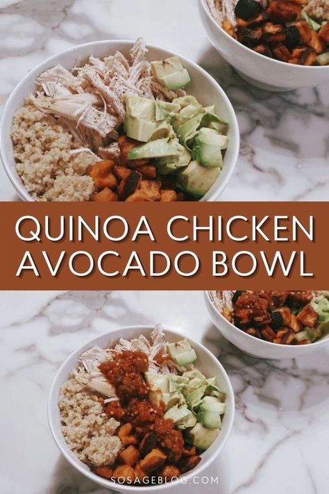 This chicken avocado bowl is made with quinoa and is the perfect healthy dinner or on-the-go lunch. With so many healthy ingredients and filling protein, you'll be making this quinoa chicken avocado recipe weekly! Chicken Avocado Bowl, Avocado Chicken Recipes, Chicken Avacado, Grilled Chicken Avocado, Avocado Bowl, Avocado Recipe, Avocado Quinoa, Cubed Sweet Potatoes, Chicken Quinoa