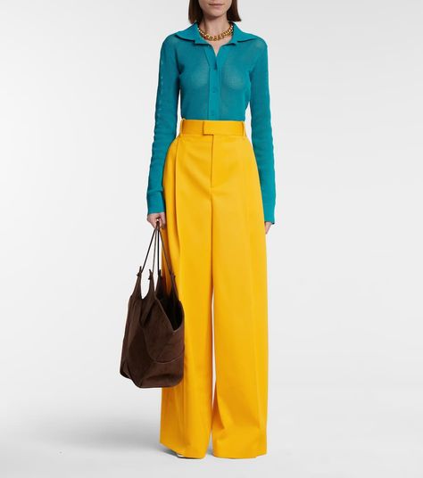 Yellow Trousers Outfit, Contrast Outfit, Duvet Coat, Hot Pink Cardigan, Teal Blouse, Spring Outfit Ideas, Yellow Pants, Colored Cardigans, Rainbow Fashion