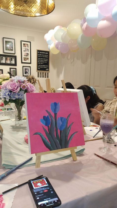 birthday, party, 17th, seventeeth, sip and paint, painting, art, artistic, floral, dinner, tulips Paint And Sip Ideas Parties Decorations, Hens Ideas, Paint And Sip Party, Flowers In Vase Painting, Painting Birthday Party, Sip And Paint, Painting Birthday, 27th Birthday, Sip N Paint