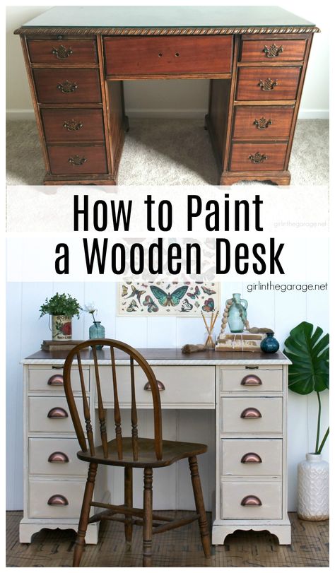 Transform a boring desk with Chalk Paint and new hardware. Learn how to Chalk Paint a wood desk. DIY painted furniture ideas by Girl in the Garage Chalk Paint Desk Makeover, Redoing Desk Ideas, Redo Desk Ideas Diy Painted Furniture, Refinish Wood Desk, Upcycle Desk Ideas, Painting A Desk Ideas, Diy Painted Desk, Refinish Desk Ideas Diy, Diy Desk Makeover Ideas