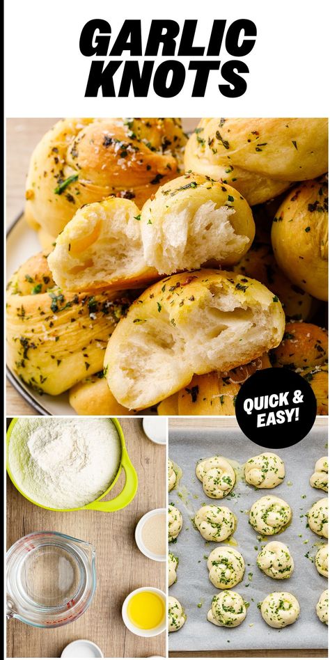 These garlic knots are so easy to make and even more quick when you have store-bought pizza dough. Definitely a must-have for pizza or pasta night! Garlic Sticks Pizza Dough, Pizza Garlic Knots, Cheesy Garlic Knot White Pizza Dip, No Rise Garlic Knots, Cast Iron Garlic Knots, Store Bought Bread Ideas, Garlic Knots Homemade Dough, Garlic Butter Knots, Easy Homemade Garlic Knots