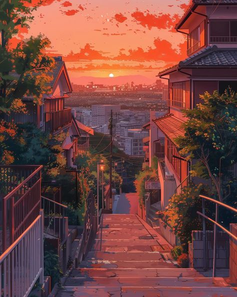 Japan Ghibli Aesthetic, Anime Illustration Aesthetic, Digital Scenery Art, Studio Ghibli Square, Studio Ghibli Sunset, Beautiful Views Aesthetic, Ghibli View, Studio Ghibli Aesthetic Scenery, Ghibli Sunset