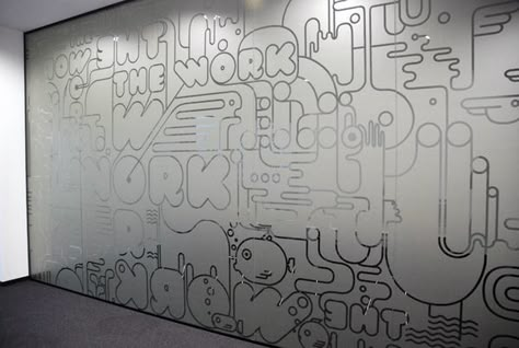 Graffiti BBDO office stickers by Mariya Donchevska, via Behance Window Branding, Glass Sticker Design, Glass Film Design, Office Stickers, Glass Wall Office, Office Graphics, Window Signage, Office Wall Design, Frosted Glass Design