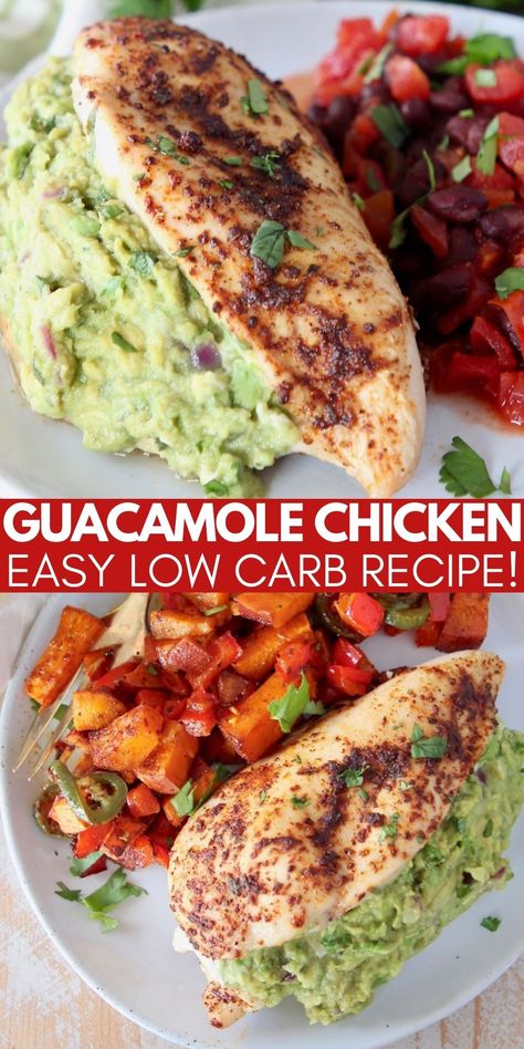 Low carb, whole30 and gluten free, Guacamole Stuffed Chicken is a healthy and delicious dish, that’s easy to make in 29 minutes! At only 3 net carbs per serving, it’s perfect for anyone on the Keto diet! Pair it with a salad or cauliflower rice for a low carb meal! Chicken And Guacamole, Guacamole Dishes Meals, Guacamole Meals Dinners, Chicken With Guacamole Meals, Chicken With Guacamole, Chicken Guacamole Recipe, Recipes With Guacamole Dinners, Chicken And Guacamole Recipes, Recipes Using Guacamole