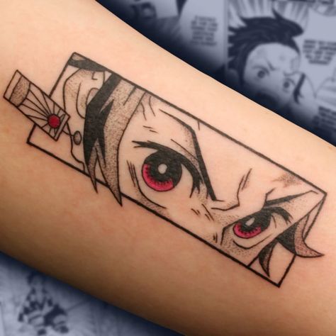 Tanjiro Eyes Tattoo, Demon Slayer Panel Tattoo, Men Anime Tattoo Ideas, Anime Tattoos For Men Ideas, Demon Slayer Eyes Tattoo, Best Anime Tattoos, Demon Slayer Tattoo Ideas Nezuko, Cute Tattoos Anime, Anime Mini Tattoo