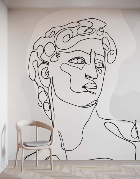 Continuous lines are layered to build a detailed bust in the likeness of Michelangelo's David that forms the centrepiece for this standout design. It perfectly matches classical motifs with muted, modern colours to create a tasteful design that will bring a sense of ancient grandeur to a space. Perfect for pairing alongside contemporary styling. Italian Mural, Statue Wallpaper, Villa Italia, Face Statue, Michelangelo's David, Line Portrait, Inspired Wallpaper, Modern Colours, Wall Paintings