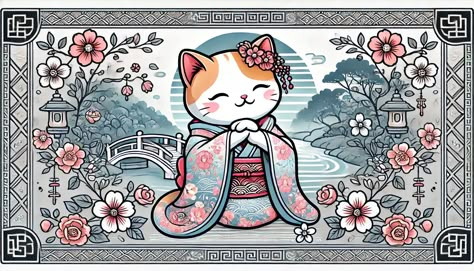 Japanese Cat Drawing, Japanese Cat Art, Kawaii Kimono, Kawaii Tattoo, Japanese Drawings, Japanese Cat, Cat Tags, Japanese Tattoo Art, Maneki Neko