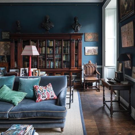 Paddy O'Donnell on Instagram: "When Hague Blue works its nuanced magic so well #interiors #interiordesign #countryhouse #countryhousestyle #blue #antiques #paint @farrowandball woodwork in the gentle Wimborne White" Navy Blue Walls Living Room, Hague Blue Living Room, Best Navy Blue Paint Colors, Deep Blue Walls, Navy Paint Colors, Navy Blue Paint Colors, Blue Walls Living Room, Navy Blue Paint, Borrowed Light