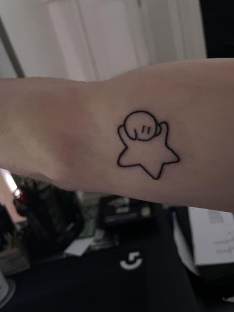 Simple Nintendo Tattoo, Kirby Star Tattoo, Kirby Tattoo Ideas Black, Kirby Tattoo Black, Kirby Tattoo Black And White, Katamari Tattoo, Small Tattoos Goth, Shy Guy Tattoo, Earthbound Tattoo