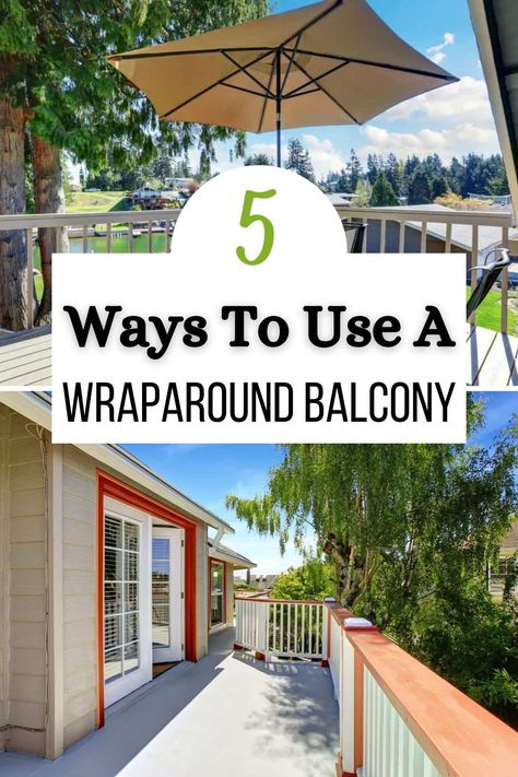 A wraparound balcony has plenty of benefits over a standard balcony. Most notably, they’re bigger. But figuring out what to do with all this space can be overwhelming. To get you started, here are 5 ways to use a wraparound balco Wraparound Balcony Ideas, Wrap Around Balcony Ideas, Wrap Around Deck Decorating Ideas, Large Balcony Ideas Apartment, Large Balcony Ideas, Wrap Around Balcony, Patio Flowers, Wrap Around Deck, Large Balcony