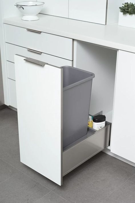 No one wants to see waste bins sitting out - these trash and recycling pulls are such a popular option Modern Kitchen Trash Cans, Trash Can Cabinet, Loft Storage, Under Sink Storage, Popular Kitchens, Woman Cave, Kitchen Trash Cans, Sink Storage, Trash Bins