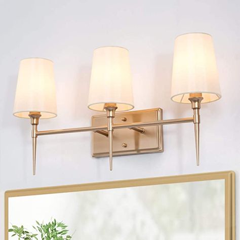 Bathroom Light Fixtures, 3-Light Gold Vanity Lights, Modern Bathroom Vanity Light Fixtures with White Fabric Shade, 23’’ L x 6.5’’ W x 12’’ H - - Amazon.com Gold Vanity Lights, Mirror Sconces, Modern Bathroom Vanity Lighting, Gold Vanity, Brass Vanity Light, Modern Vanity Lighting, Vanity Light Bar, Light Fixtures Bathroom Vanity, Arched Mirror