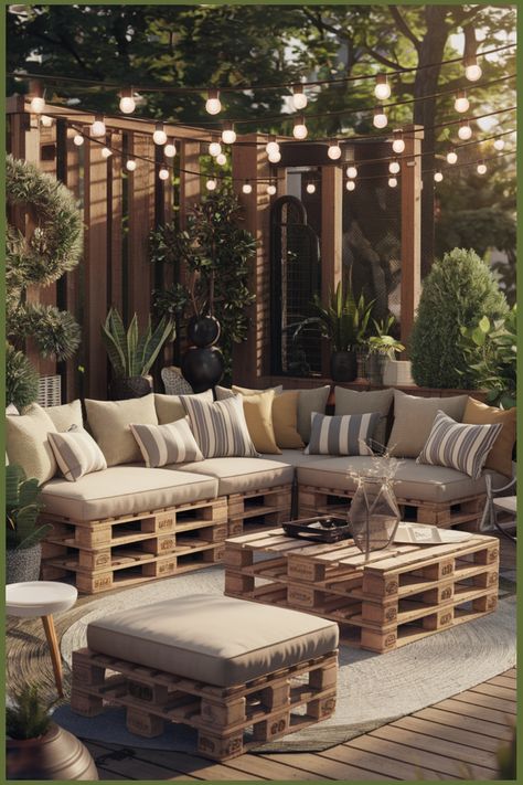 Cozy outdoor patio with wooden pallet furniture, soft cushions, potted plants, and string lights creating a warm atmosphere. Pallet Seating Outdoor, Pallet Decking Ideas, Pallet Yard Ideas, Pallet Furniture Outdoor Easy, Pallet Backyard, Outdoor Pallet Furniture, Patio Setup, Pallet Patio Furniture Diy, Repurposed Pallets