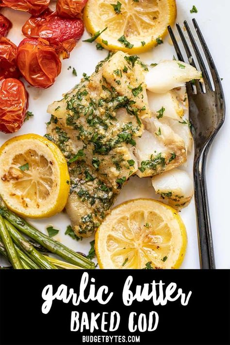 This rich and zesty Garlic Butter Baked Cod is a fast and flavorful weeknight dinner that can be made in under 30 minutes, using basic pantry staples. BudgetBytes.com #garlicbutter #cod Garlic Butter Baked Cod, Butter Baked Cod, Budget Bites, Roasted Vegetable Couscous, Vegetable Couscous, Baked Cod Recipes, Budget Bytes, Soy Free Recipes, Baked Cod