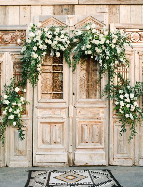 California Antique Shop Wedding with White Draping Flowers over Vintage Doors Vintage Wedding Backdrop, Village Hall Wedding, Door Backdrops, Rustic Backdrop, Picnic Style, Wedding Backdrop Design, Vintage Doors, Wedding Ceremony Backdrop, Farmhouse Wedding