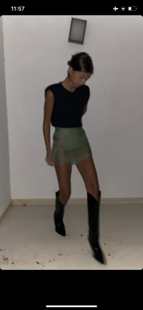 Nashville Outfits Black Cowboy Boots, Night Out Cowboy Boots, Skirt And Boots Outfit Party, Cowboy Boots Outfit Summer 2023, Cowgirl Boots Outfit Night Out, Cowgirl Boots Night Outfit, Tall Black Boots Aesthetic, Black Long Cowboy Boots Outfit, Night Out Cowboy Boots Outfit