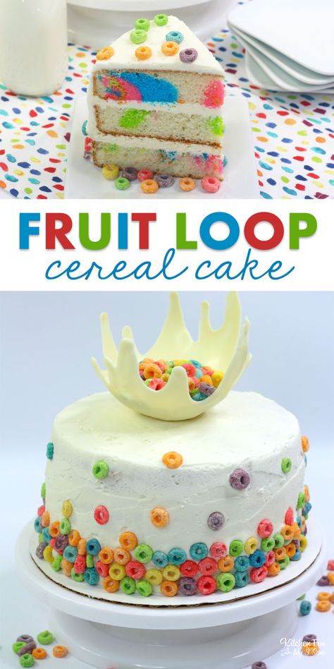 Fruit Loop Cake with Vanilla Buttercream Frosting for anyone who loves cereal! Such a fun birthday cake idea. #food #recipe #cereal #cake #birthday Fruit Loop Cake Recipe, Fruit Loops Cake, Froot Loops Cake, Cereal Bowl Cake, Cereal Cakes Ideas, Fruit Loop Cake, Cereal Cake, Cereal Party, Coke Cake