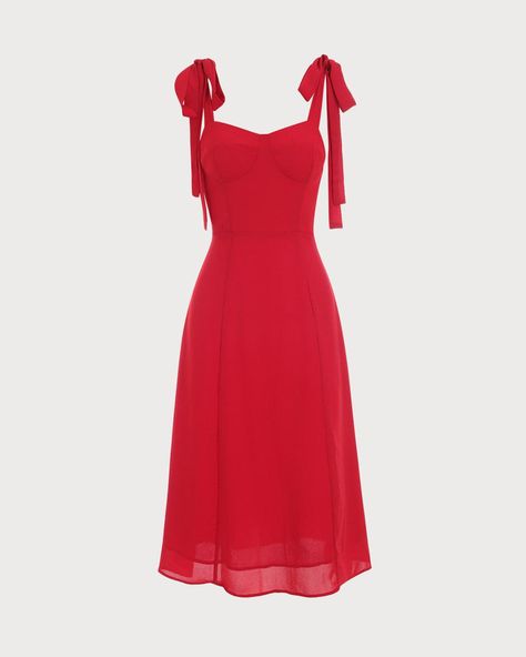 Tie Strap Midi Dress, Tie Strap Dress, Cute Red Dresses, Red Summer Dresses, Red Tie, Dress Inspo, Red Midi Dress, Red Outfit, Knee Length Dresses