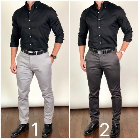 Chris Mehan su Instagram: "Which color pants do you like better with this black shirt❓🤔 Light gray or dark gray❓ Which outfit looks better...1 or 2❓❓ Belts:…" Duke Shirt, Black Shirt Outfit Men, Black Shirt Outfits, Black Dress Shirt, Shirt Outfit Men, Formal Men Outfit, Pants Outfit Men, Mens Fashion Wear, Mens Fashion Edgy