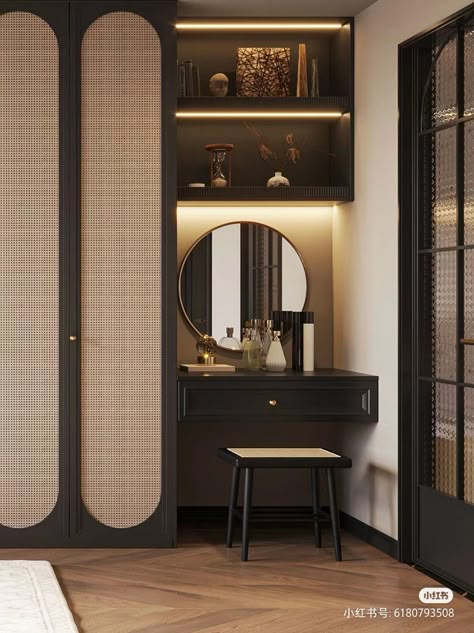 Walking Closet Indian, Wardrobe Design Bedroom Rattan, Modern Classic Wardrobe Design, Mediterranean Wardrobe, Hidden Mirror In Wardrobe, Indian Wardrobe Ideas Bedroom, Narrow Bathroom Mirror, Wardrobe With Dresser, Circle Bathroom Mirror