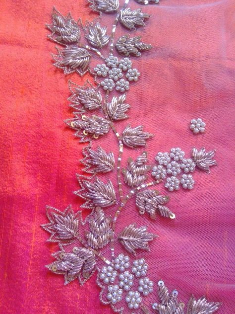 Silver Work Embroidery, Silver Maggam Work Designs, Aari Work Silver Designs, Silver Beads Work On Blouse, Silver Blouse Work, Blouse With Silver Work, Silver Aari Work Blouse Simple Design, Silver Work Blouse Designs Indian, Silver Maggam Work Blouses